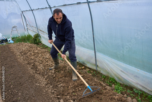 Man leveling soil with rake in polytunnel