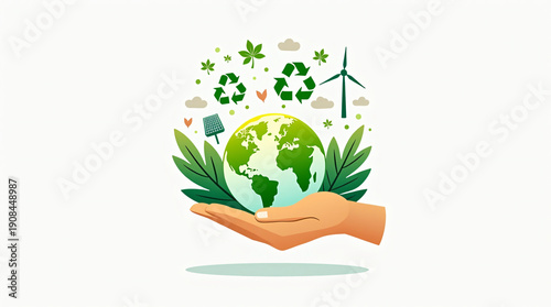 A conceptual image of a hand holding a green globe to represent global environmental protection and eco care for the planet