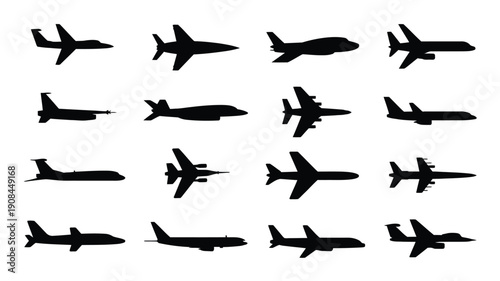 Collection of black airplane silhouettes in varying flight poses