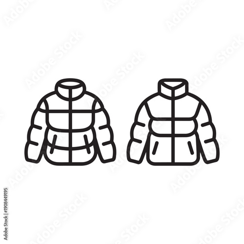 Two puffer jackets illustrated in a simple black and white line art style