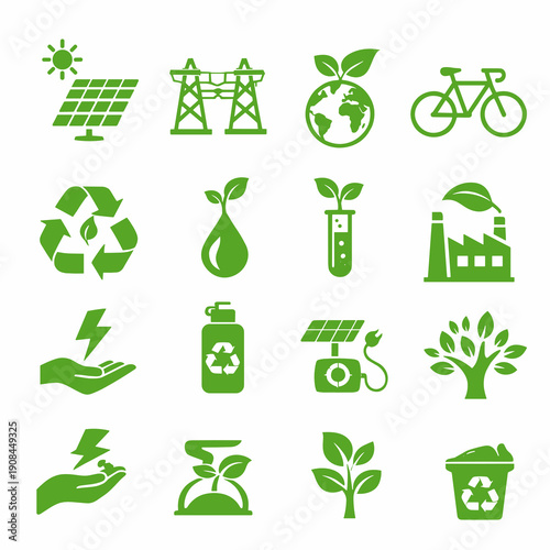 Green renewable energy and ecology icon set with solar panel, electricity grid towers, earth leaf, bicycle, recycle sign, water drop sprout, lab test tube, eco factory and bin.