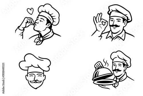 Hand drawn chef doodles with tasting gesture, ok sign, portrait head and serving cloche. Minimal black outline set for culinary logo, cafe menu, street food, recipe blog and service icon.
