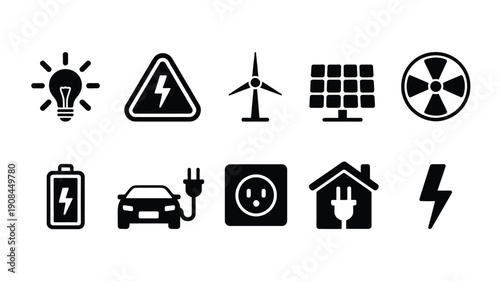 Various energy source and electrical symbols in a black and white illustration