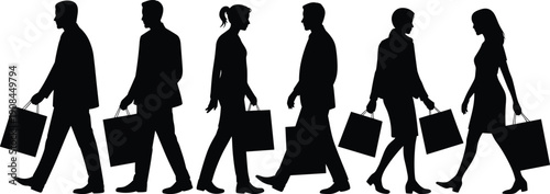 Shopping people silhouettes walking with bags, men women retail consumers concept, urban lifestyle purchase crowd, isolated black vector illustration artwork