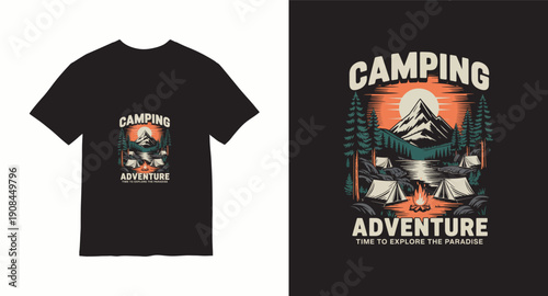 Camping adventure time to explore the paradise t shirt design with tents mountain and river
