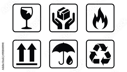 packaging handling symbols icons set with fragile, handle with care, flammable, recycle and keep dry signs illustration