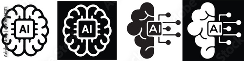 ai brain chip neural network processor black white line black background icon set vector illustration design 