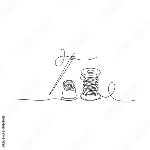 A delicate line drawing depicts sewing tools a needle thread thimble and spool