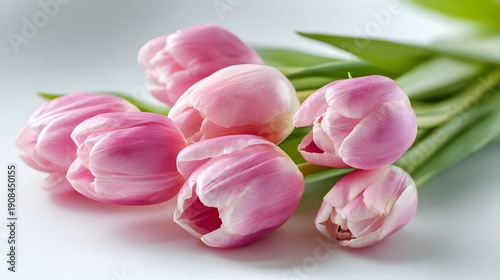 A Beautiful Bouquet of Delicate Pink Tulips on a Light Background.
