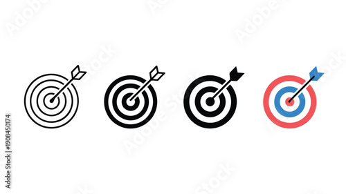 Four variations of a target with an arrow hitting the bullseye