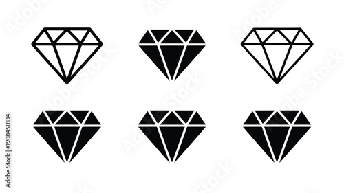 A collection of six black and white diamond illustrations in varying orientations