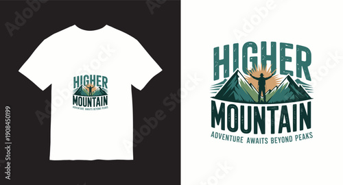 Higher mountain hiker raising arms on summit with sun and peaks for t-shirt design