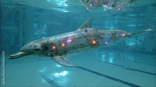 Wallpaper Mural Robotic Dolphin Prototype Swims in a Research Pool Showcasing Advanced Technology With Visible Circuits and Hydraulic Systems for Study Purposes Torontodigital.ca