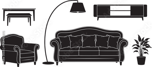 Black silhouette of living room furniture including a sofa armchair floor lamp console table and potted plant