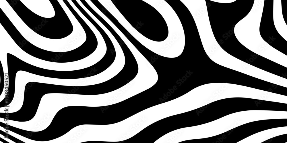 Obraz premium Abstract Black and White Wavy Zebra Stripes Optical Illusion Background Pattern. Modern Trendy design in Vector Illustration