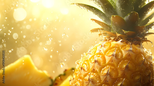 Fresh juicy pineapple with water splashes and droplets under golden sunlight. Tropical fruit close-up with bright bokeh background.
