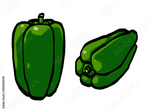 ピーマンのイラスト （筆タッチ・夏野菜・緑色） シンプル / Hand-drawn Green Pepper Illustration – Brush Style Vegetable