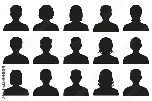 Collection of fifteen diverse human profile silhouettes for user account icons