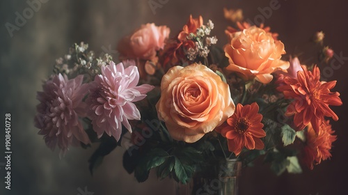 Beautiful Arrangement of Orange Roses and Purple Dahlias in Soft Light.