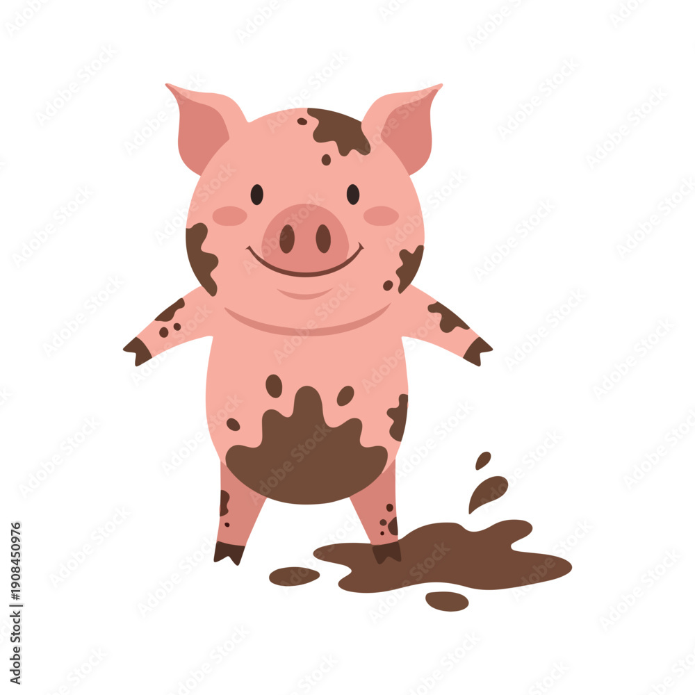 Fototapeta premium A happy mud-covered pig cartoon vector illustration