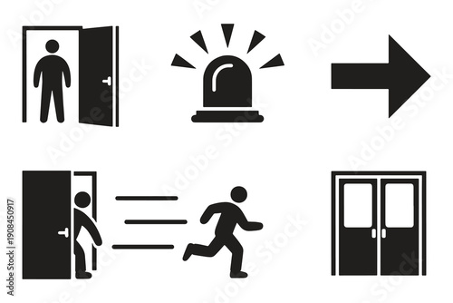 Evacuation safety icons featuring emergency siren and directional exit symbols
