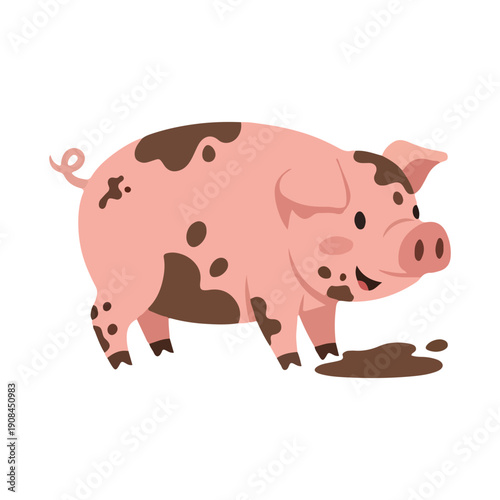 Cute Spotted Pig Covered in Mud Cartoon