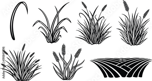 Collection of various stylized black and white reed and cattail plant silhouettes set against a clean background.