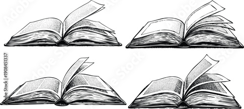 Four open books displayed in a grid layout, showcasing their pages and spines. Vector