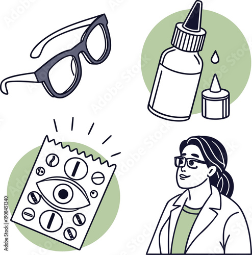 Eye care and ophthalmology examination illustration with glasses eye drops medical sheet and female doctor