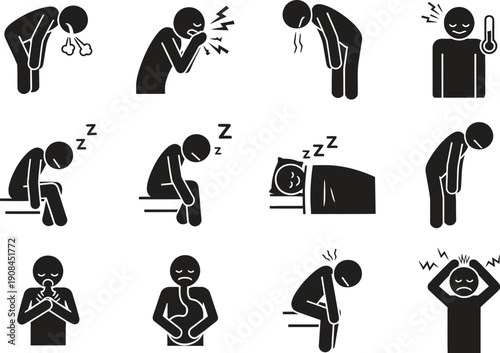 Stylized illustrations of people experiencing various illnesses and discomforts