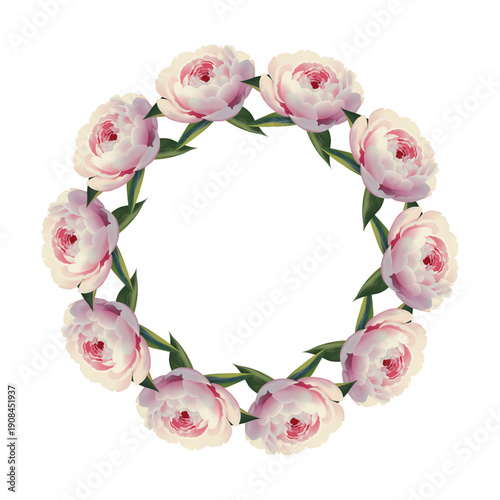 Circular peony frame illustration. Flat style botanical wreath with leaves and soft gradients for cards, logos and web design