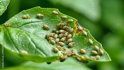 Basil leaf infested with aphids, a common garden pest, close-up view.