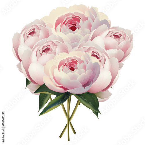 Peony bouquet flat vector illustration. Pink and white gradient flowers and buds with leaves, isolated on white for social media and packaging
