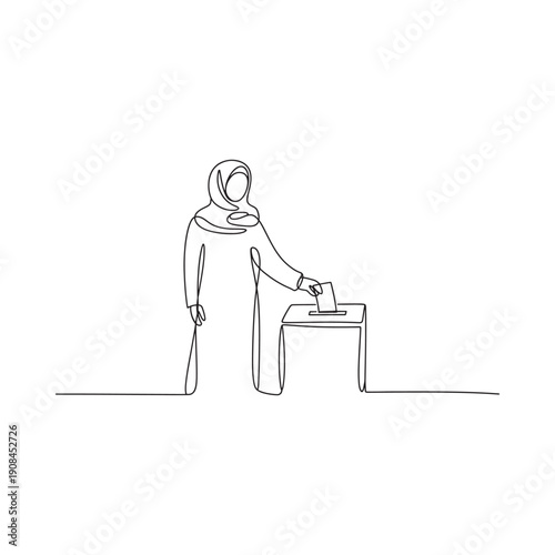 Continuous line drawing of a woman in hijab casting her vote at a ballot box