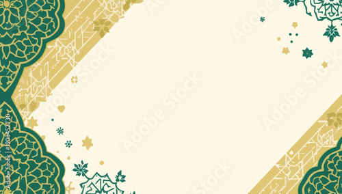 Vector illustration of a Ramadhan background featuring a flat design style with minimalist shapes and bold lines, incorporating traditional Islamic geometric 