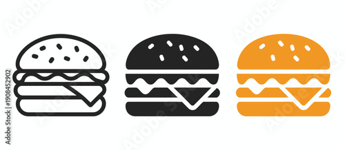 hamburger icon variations, outline solid black and orange color styles, fast food symbol set, burger icons for restaurant menu design, UI app elements, modern food illustration, snack and meal graphic