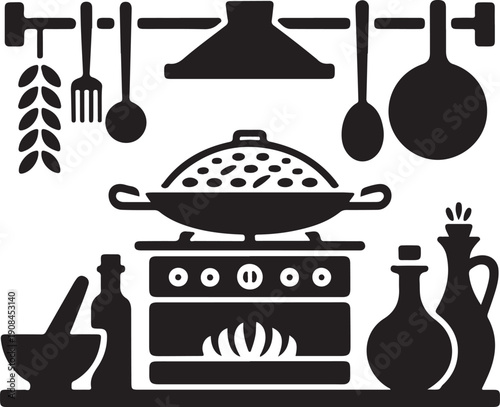 Kitchen Scene with Wok on Stove, Hood, and Cooking Tools