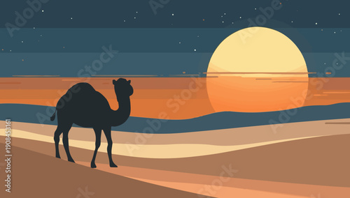 Vector template collection set featuring a serene desert landscape with a prominent camel silhouette in the foreground, set against a vibrant night sky