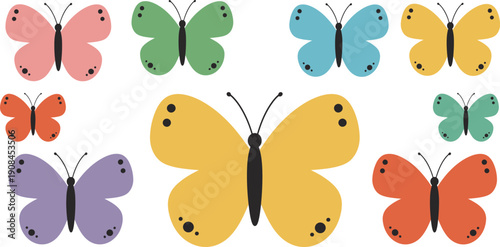 A cute collection of colorful vector butterflies and funny garden insects like bees and ladybugs creates a fun summer nature pattern for baby animal art and spring design illustration