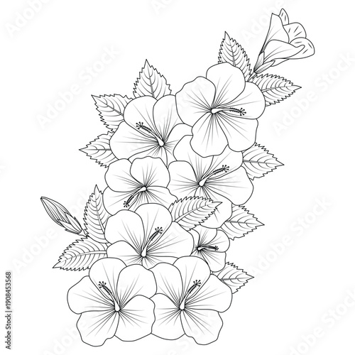rose of sharon flower coloring page illustration with line art stroke of black and white hand drawn