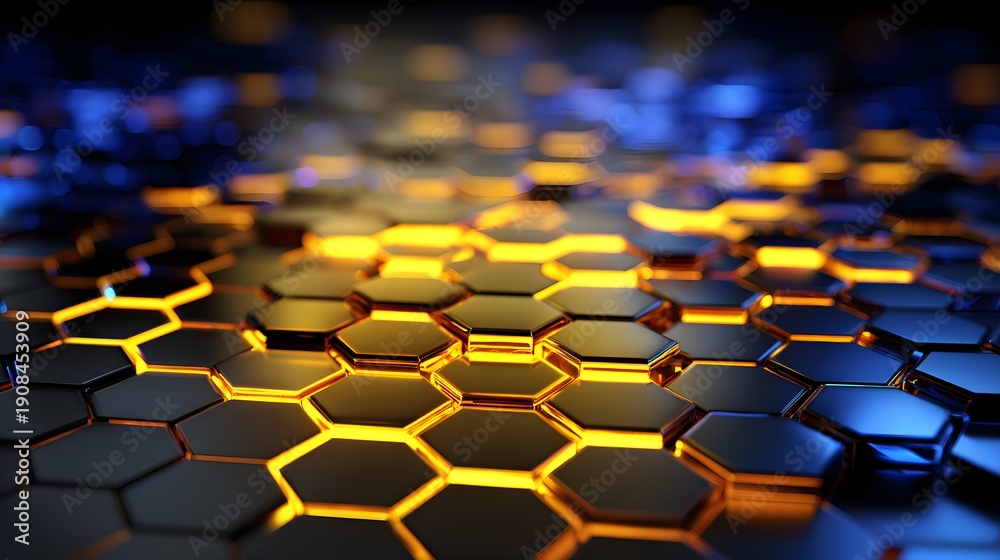 Obraz premium Abstract Hexagonal Grid with Glowing Orange and Blue Lights.