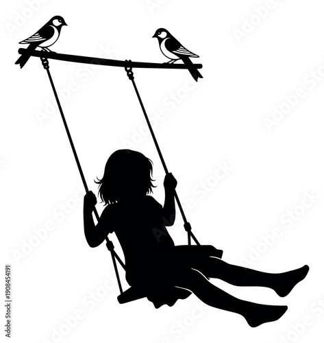 Silhouette illustration of a girl on a swing with birds depicting happy childhood for outdoor play concepts