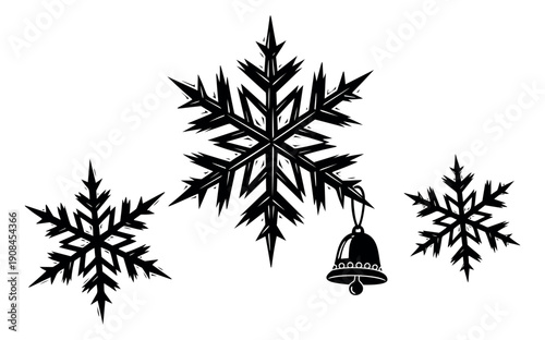 Graphic winter holiday elements set featuring three stylized snowflakes and a hanging bell for seasonal designs