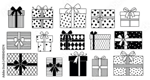 Black and white line art gift boxes set featuring various patterns and bows for celebrations and holidays