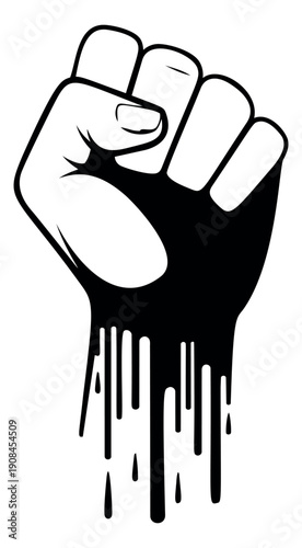 Bold graphic line art illustration of a raised fist depicting black ink drips for protest and social justice movements