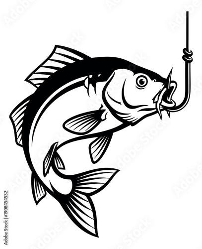 Stylized line art illustration of a fish depicting being caught on a fishing hook for fishing sports and outdoor recreation