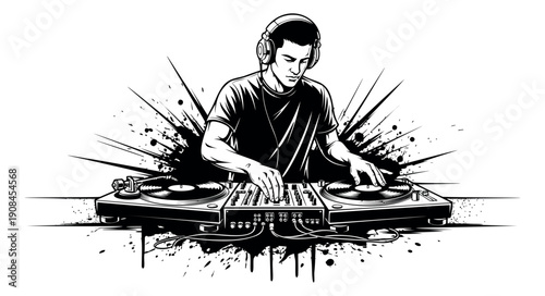 Line art illustration of a male dj depicting mixing music for a club event