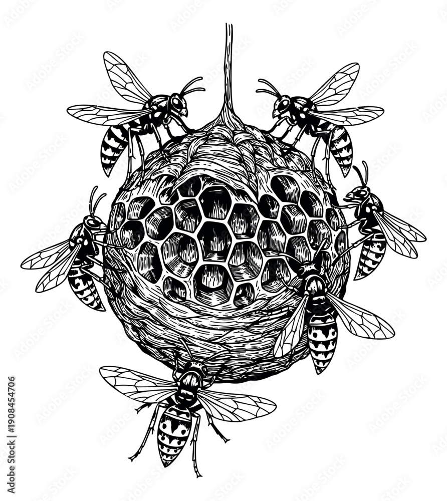 Obraz premium Hand drawn line art illustration of a wasp nest depicting wasps for nature or pest control