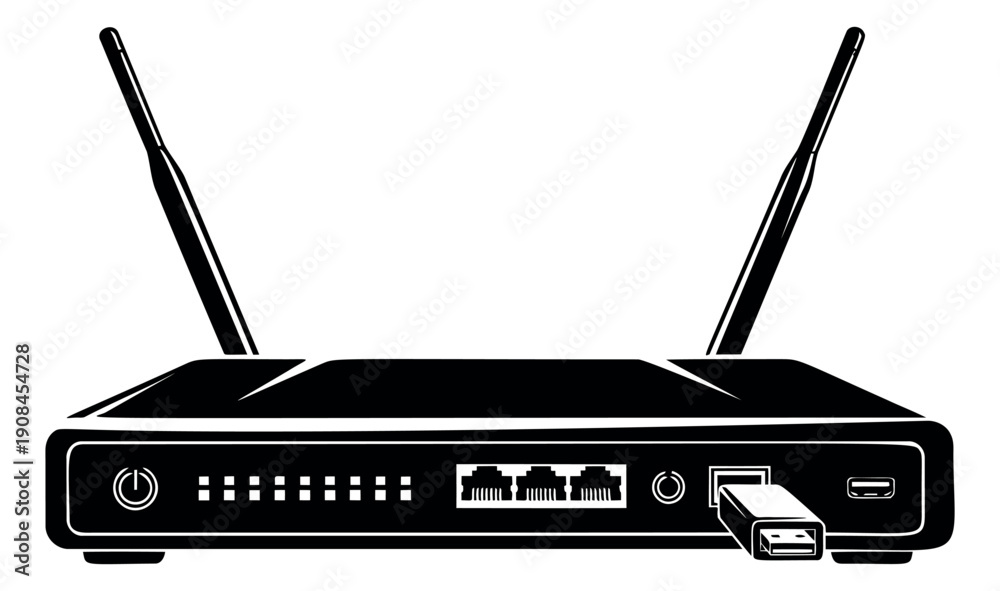 Fototapeta premium Line art illustration of a wireless router depicting internet connectivity with a USB flash drive for home networking