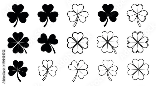 Outline and solid clover and shamrock icons set featuring three and four leaf designs for good luck and St. Patrick's Day themes